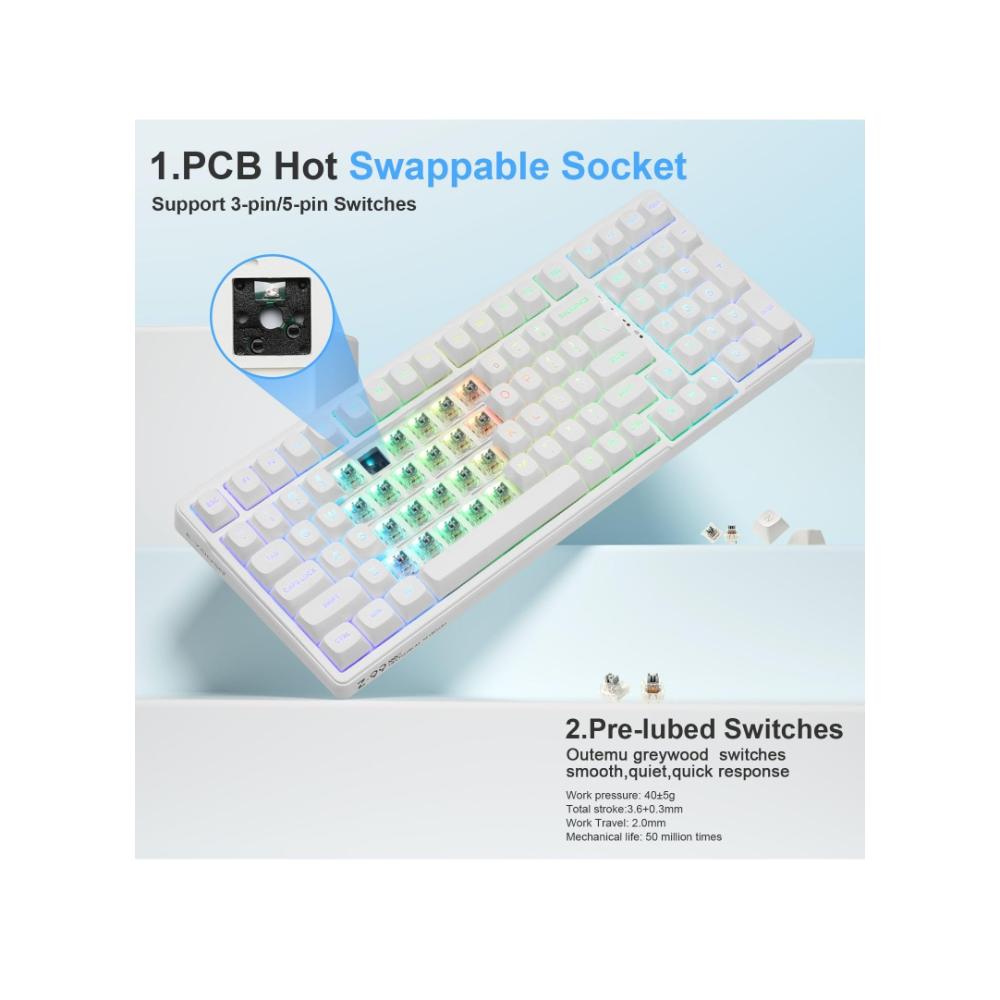 لوحة مفاتيح ميكانيكية سلكية 99 مفتاح مفتاح خطي فضي بإضاءة RGB - أبيض