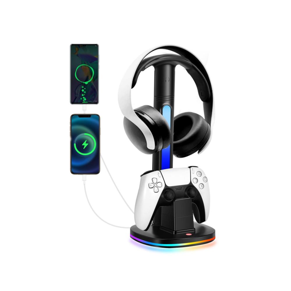 حامل شحن وحدة تحكم PS5 مع حامل سماعة رأس وشاحن USB - أسود