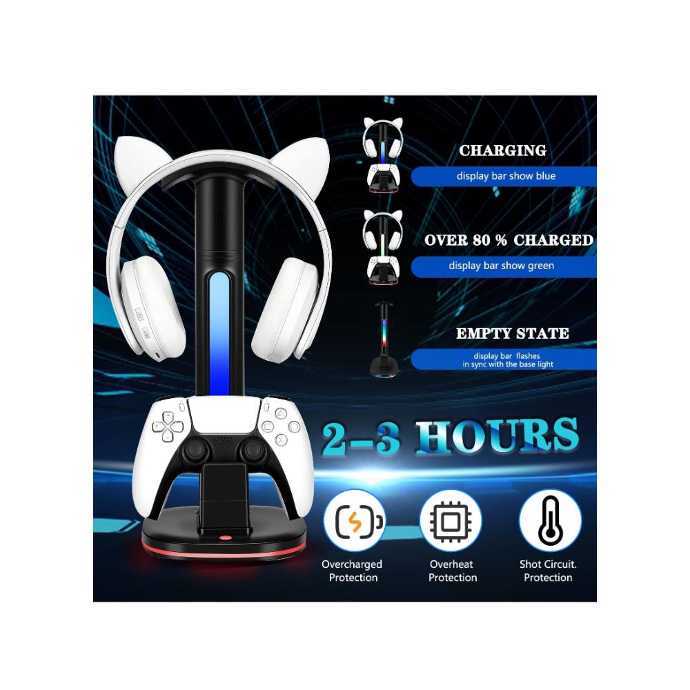 حامل شحن وحدة تحكم PS5 مع حامل سماعة رأس وشاحن USB - أسود
