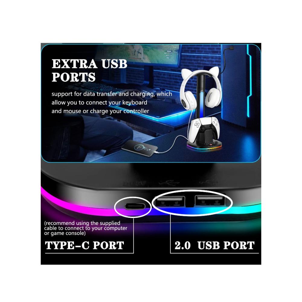 حامل شحن وحدة تحكم PS5 مع حامل سماعة رأس وشاحن USB - أسود