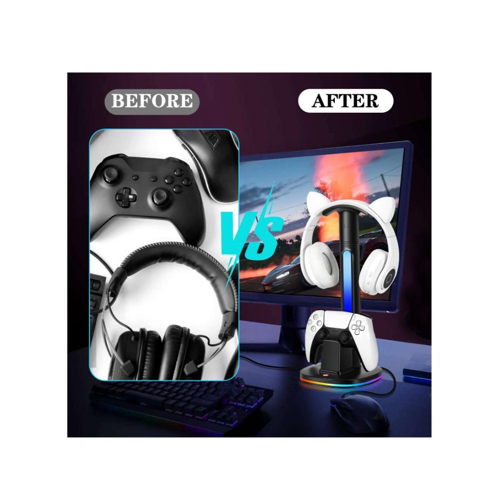 حامل شحن وحدة تحكم PS5 مع حامل سماعة رأس وشاحن USB - أسود