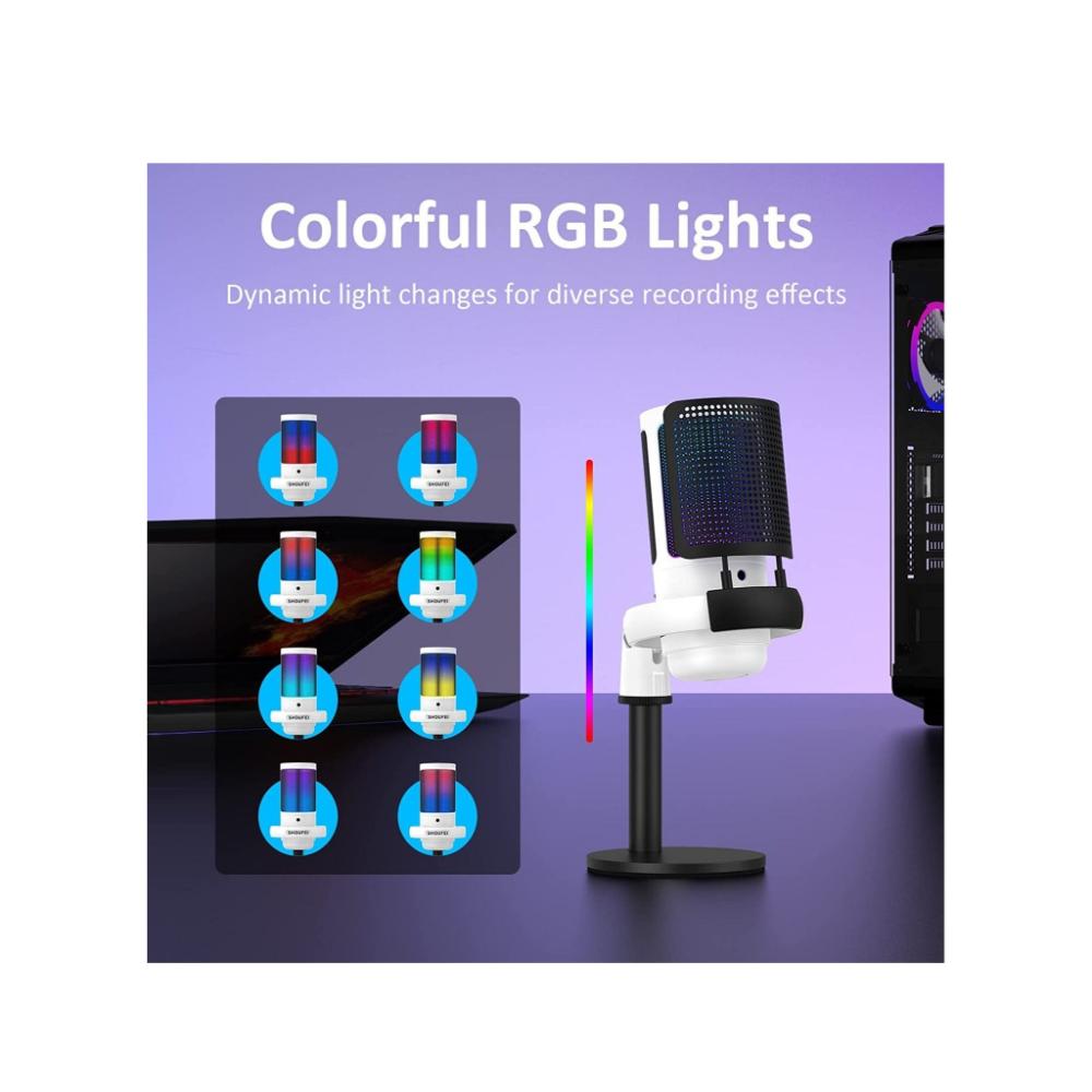 ميكروفون ألعاب مع تحكم صوتي بودكاست ومكثف موديل RGB - أبيض