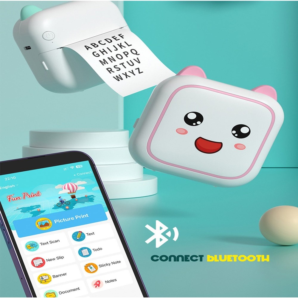 طابعة حرارية صغيرة بلوتوث للهاتف، طابعة ملصقات لاسلكية مع شريط، متوافقة مع iOS وAndroid، طابعة + 5 ملصقات + 5 ورق عادي + 3 ورق ملون + 6 أقلام ملونة + ملصق واحد