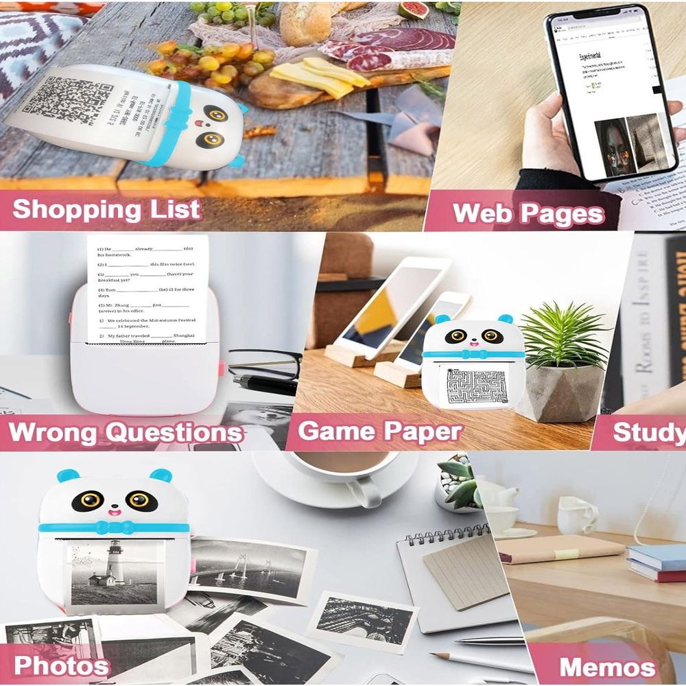 طابعة Mini Pocket Panda طابعة بلوتوث لاسلكية ذكية مع تطبيق Android (بما في ذلك لفة الورق) + 3 أوراق ملونة + 5 ملصقات + 5 أوراق عادية + أقلام ملونة + ملصقات عشوائية * 1