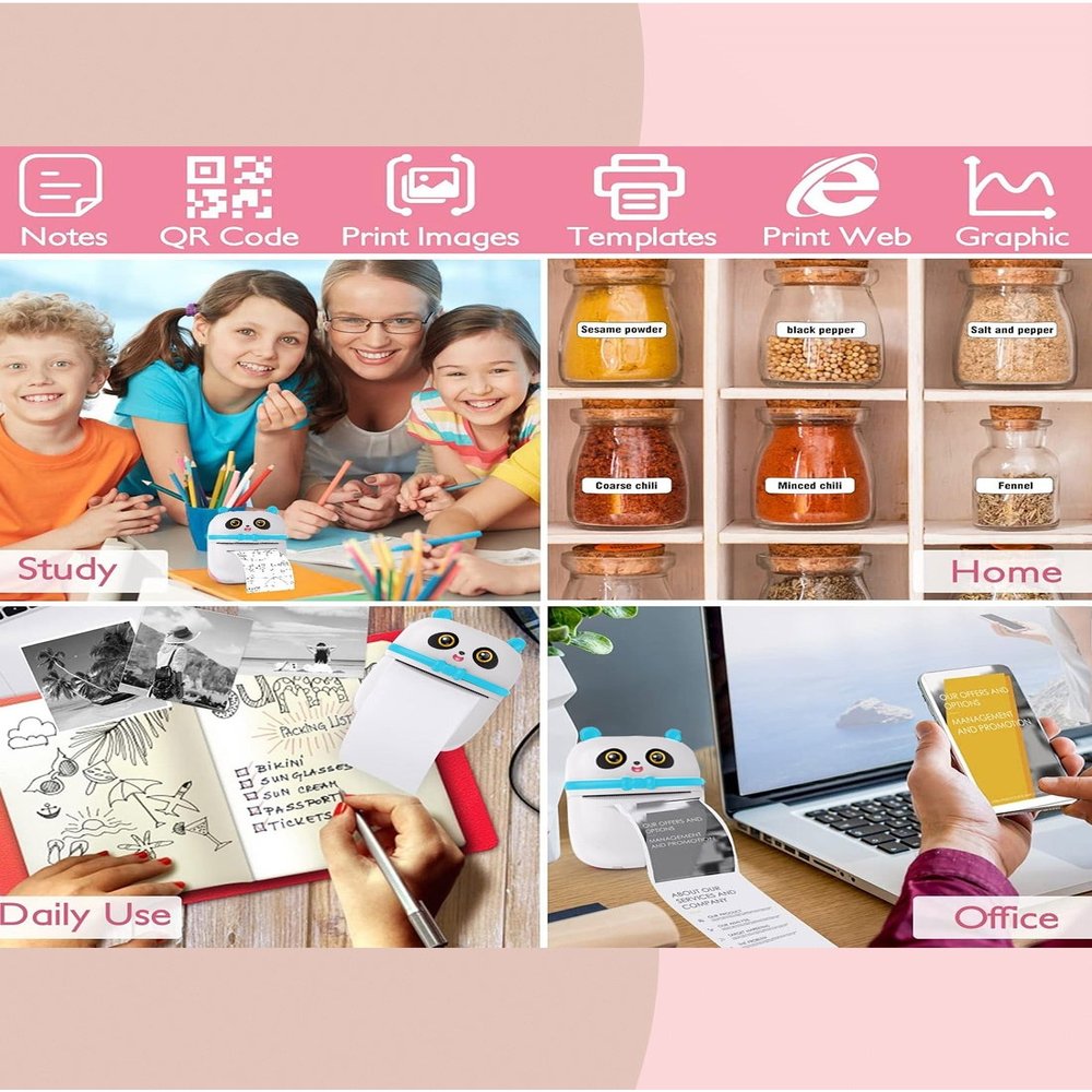 طابعة Mini Pocket Panda طابعة بلوتوث لاسلكية ذكية مع تطبيق Android (بما في ذلك لفة الورق) + 3 أوراق ملونة + 5 ملصقات + 5 أوراق عادية + أقلام ملونة + ملصقات عشوائية * 1
