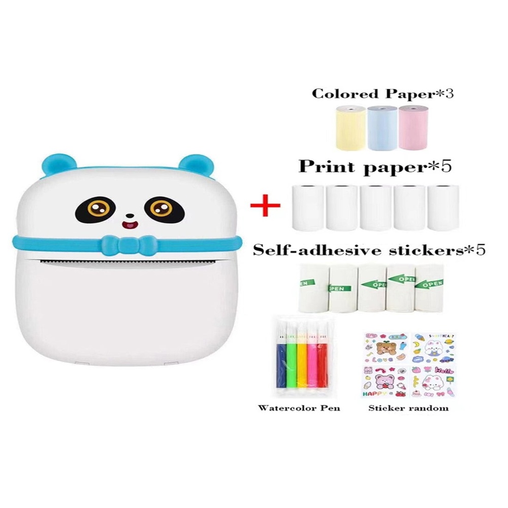 طابعة Mini Pocket Panda طابعة بلوتوث لاسلكية ذكية مع تطبيق Android (بما في ذلك لفة الورق) + 3 أوراق ملونة + 5 ملصقات + 5 أوراق عادية + أقلام ملونة + ملصقات عشوائية * 1