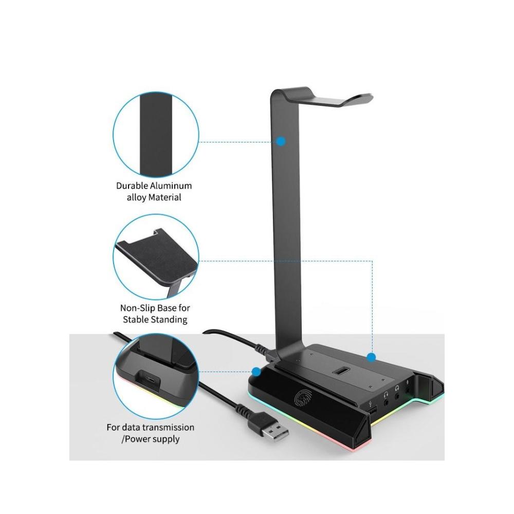 حامل سماعة مع USB ومقابس 3.5 مم - فضي