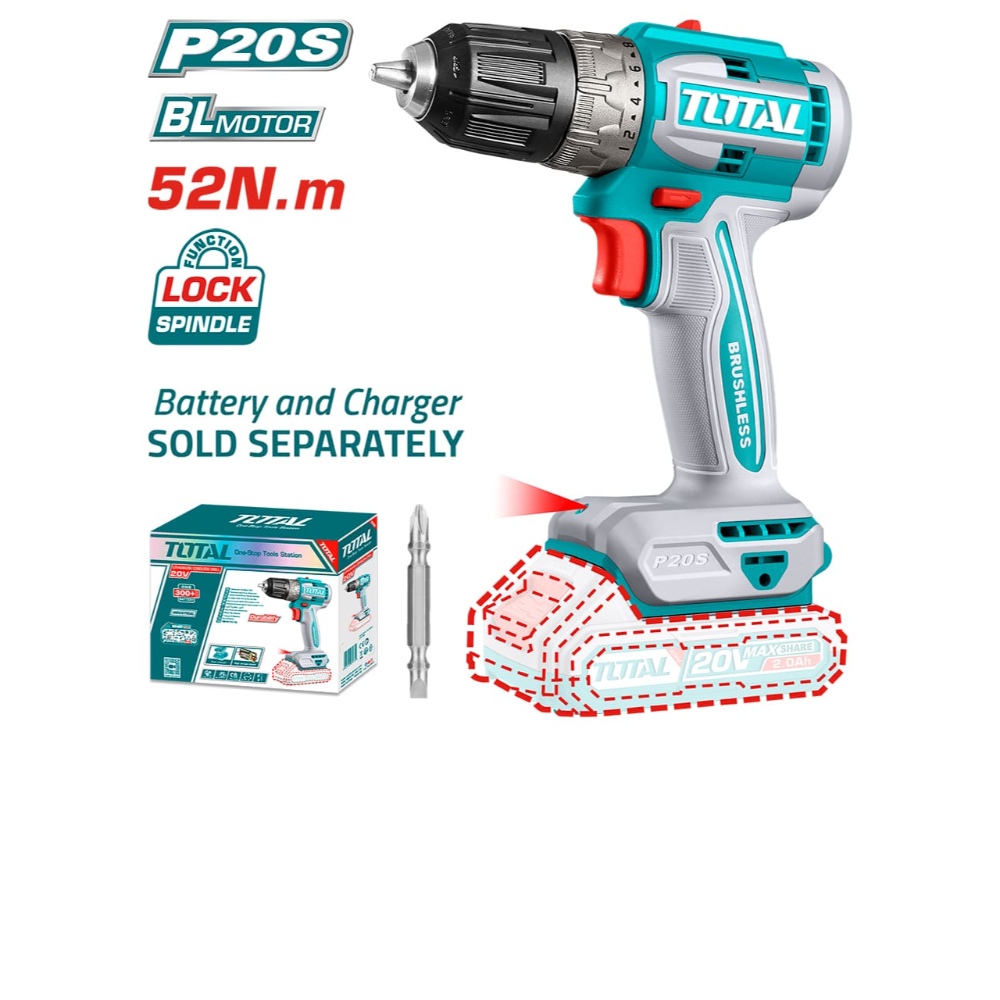 دريل بطارية ليثيوم توتال 20فولت 
 بدون )بطارية - قاعدة شحن( بروش لس