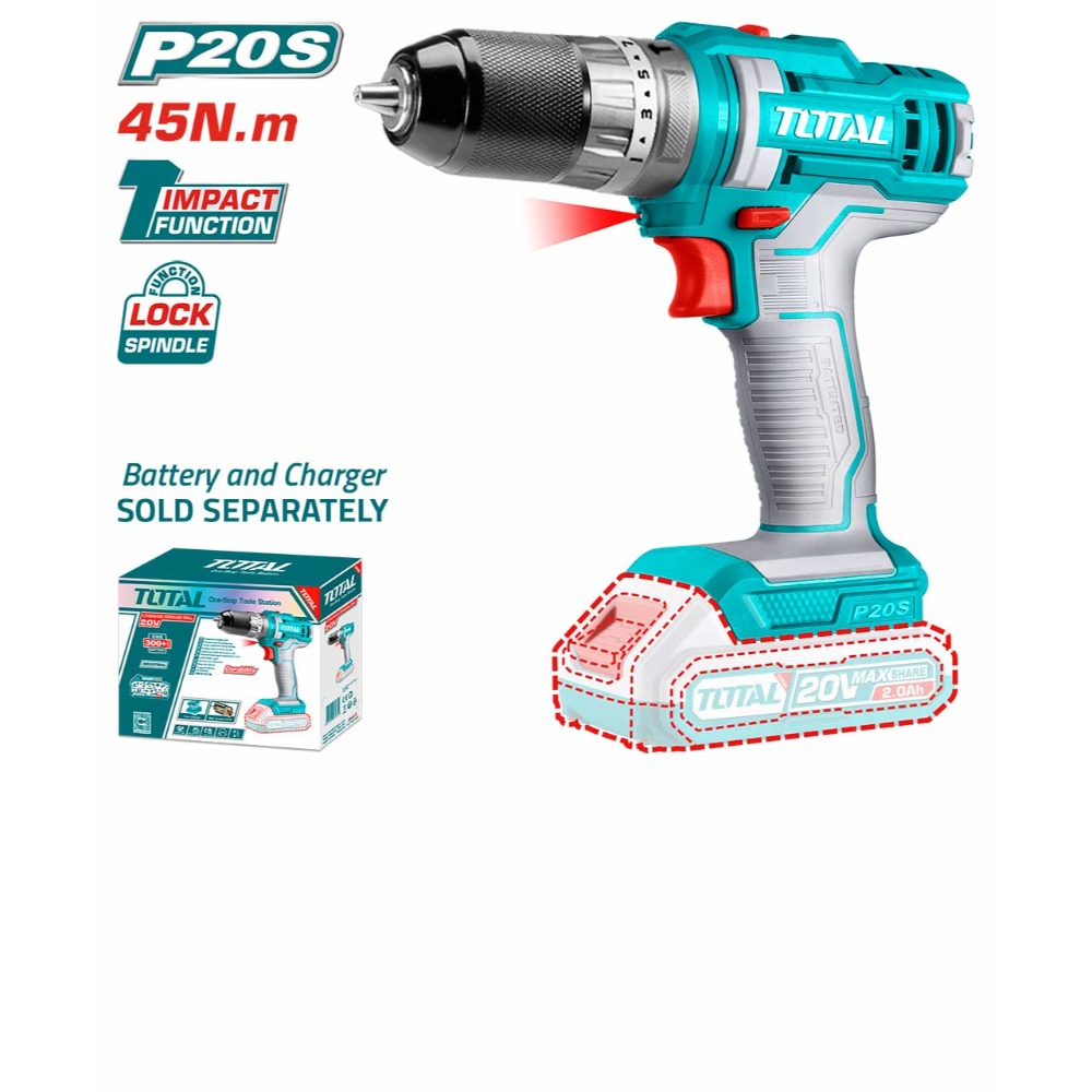 دريل بطارية ليثيوم توتال 20فولت 
 مطرقة بدون )بطارية - قاعدة شحن