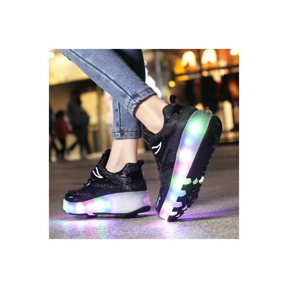 زلاجة هيليز رياضية للأطفال بعجلتين مزدوجتين وأضواء LED وتهوية - أسود