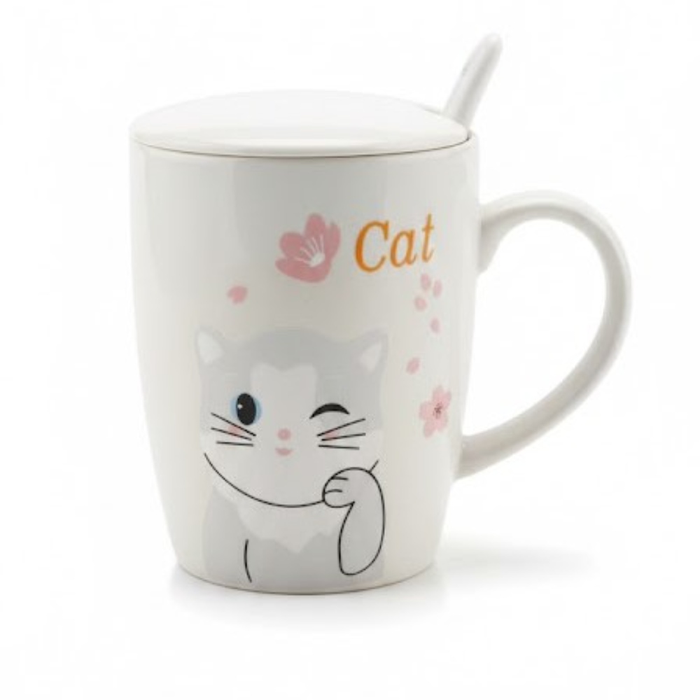 كوب قهوة سيراميك أبيض بتصميم قطة