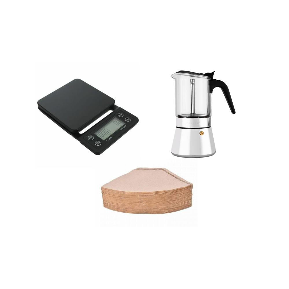 باكج مكون من صانع قهوة اسبريسو موكا برو بوت زجاجية بقاعدة ستيل -240 مل - فضي + ميزان بيسون المؤقت الميزان الرقمي المثالي لقهوتك من أوفر سكاي ستور - أسود +  فلتر قهوة  ورقي ياباني من هانا ماسا - 100فلتر - بيج 