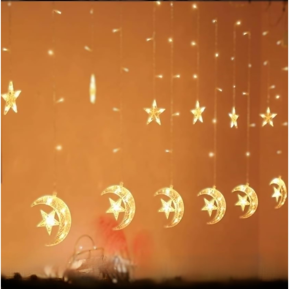 ستارة أضواء زينة LED بتصميم هلال ونجمة، مناسبة لتزيين المنزل في المناسبات مثل رمضان والأعياد