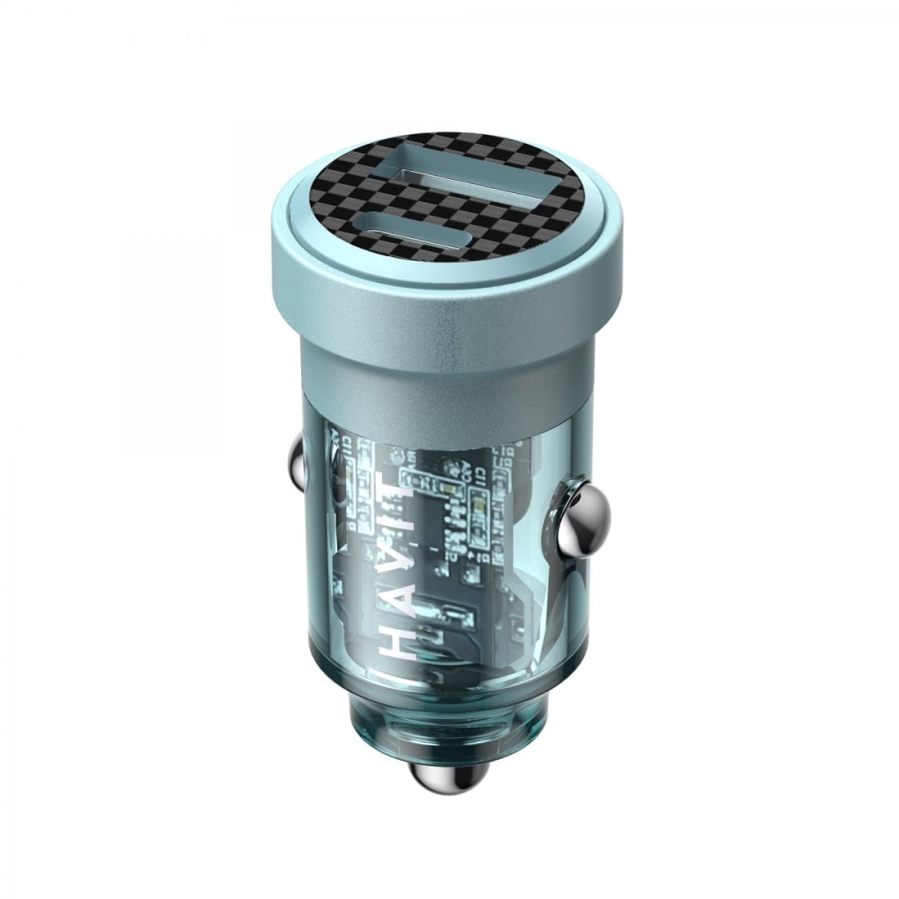 هافيت شاحن سيارة بتقنيةPD بمنفذين قوة 30 واط - أزرق فاتح